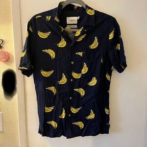 Goodfellow and Co. Button Up Short Sleeve Banana Print Shirt Navy Blue Novelty